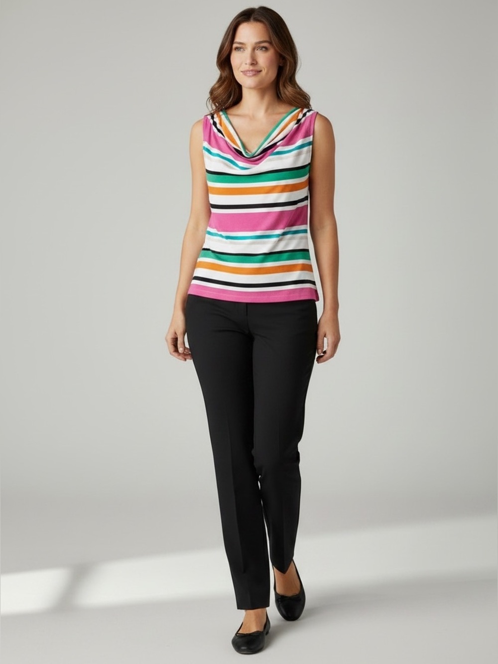 Calvin Klein Striped Drape Neckline Sleeveless Blouse Pink White Medium